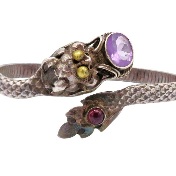 Vintage Sterling Silver Amethyst Snake Serpent Dragon Bangle/Cuff Style Bracelet - Picture 6 of 11
